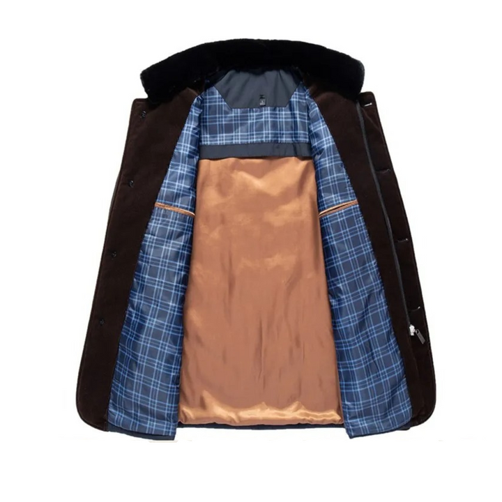 Man wearing a stylish and warm men's winter coat, showcasing its fit and fashionable look.