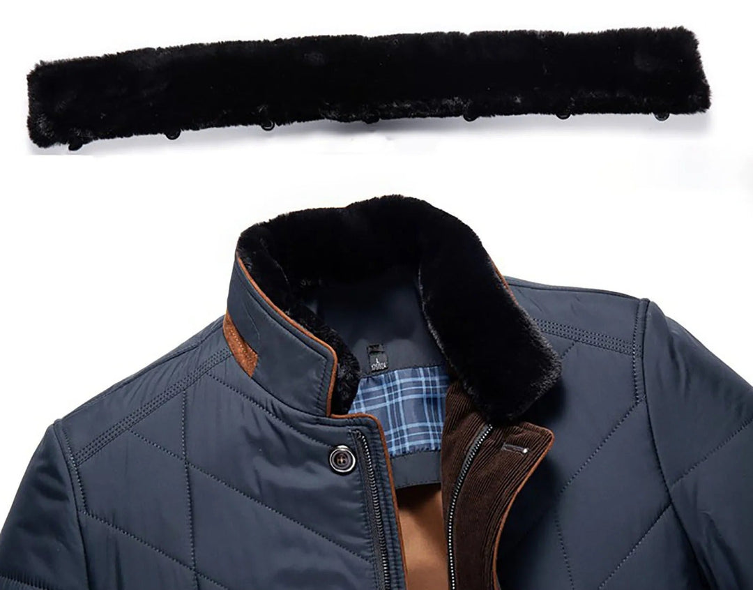 Back view of a men's fashionable winter jacket, emphasizing its sleek and versatile design.