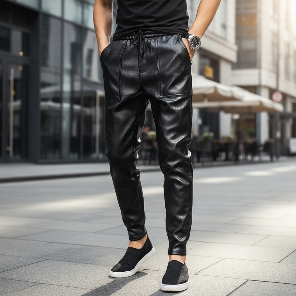 Men's faux leather trousers, slim fit, for a stylish modern look and party wear.
