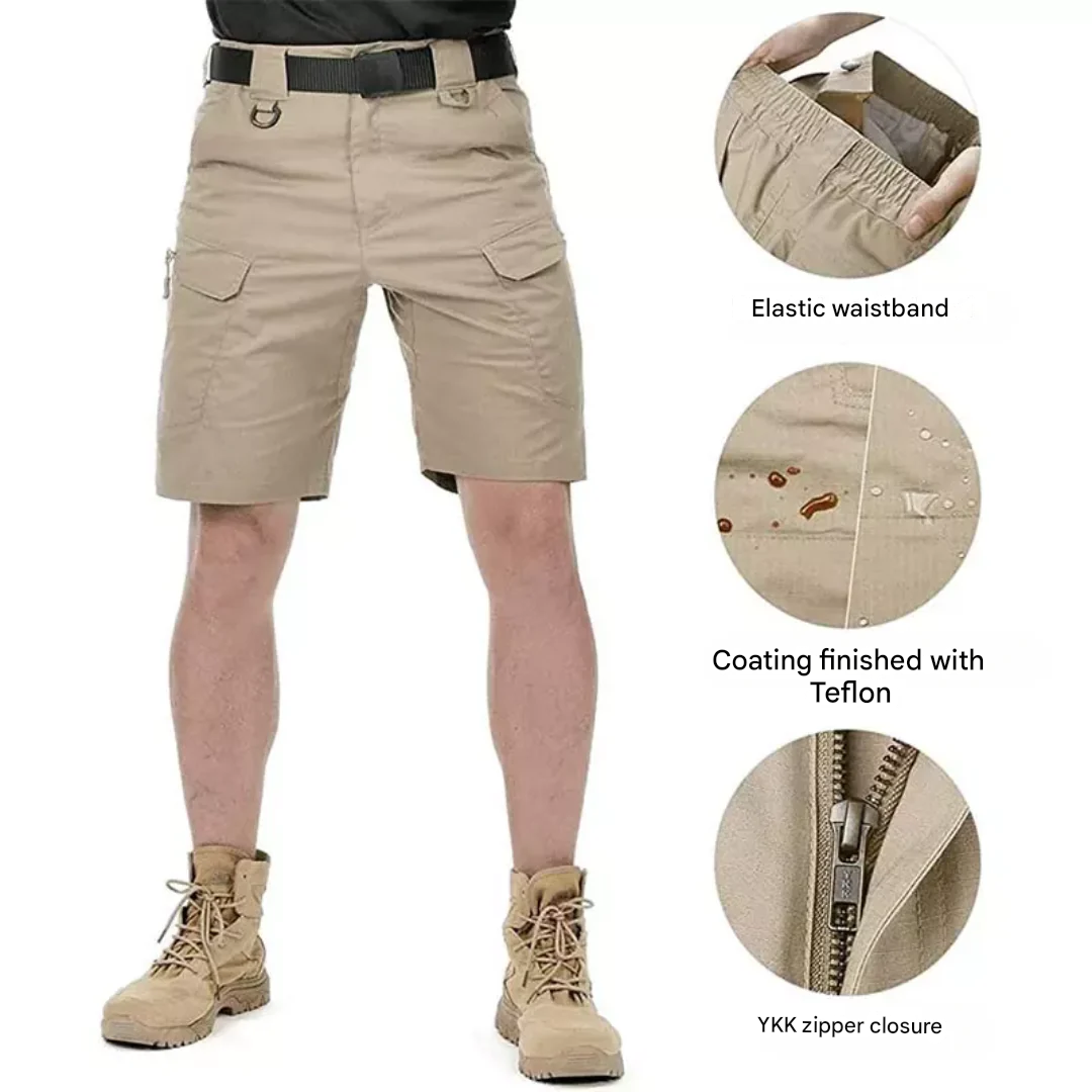 Detailed image of the zipper and reinforced stitching on a pocket of FlexTrek Elite men's shorts