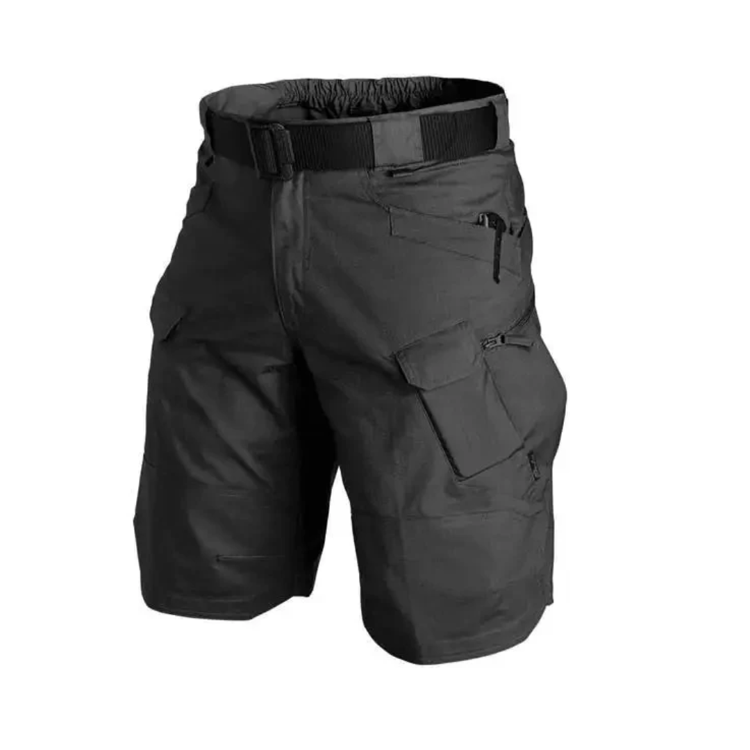 Detailed view of the stretch material and design of FlexTrek Elite hiking shorts for men