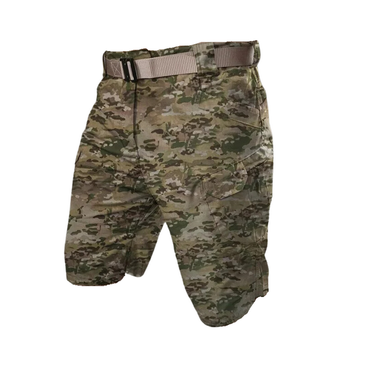Side profile of men's FlexTrek Elite cargo shorts, showcasing multiple secure zip pockets