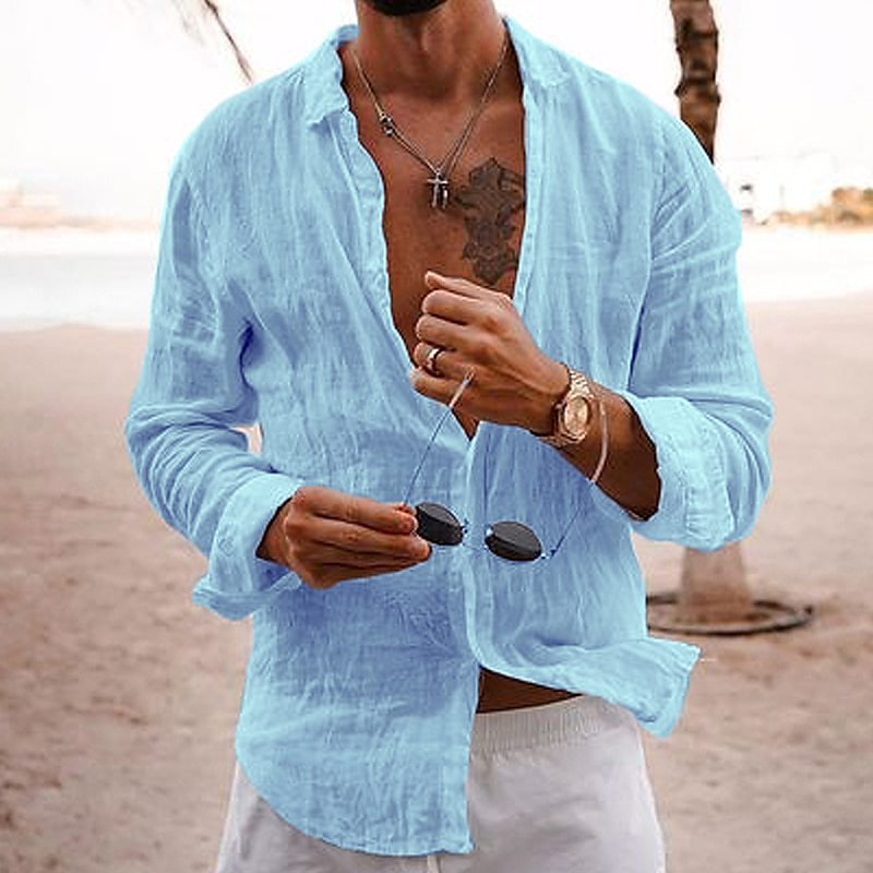 Men's Francesco breathable cotton long sleeve summer shirt, casual light blue button up menswear
