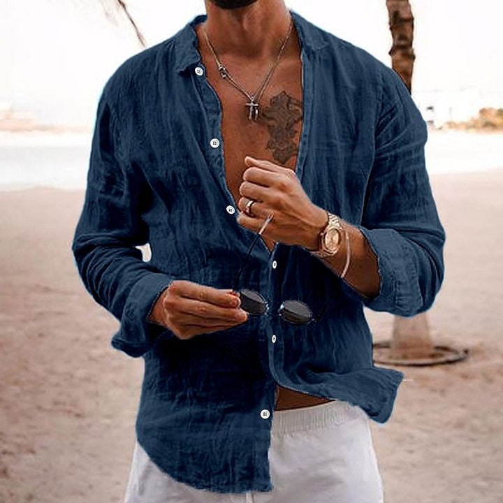 Close-up of Francesco men's cotton long sleeve shirt fabric, showing breathable texture for summer