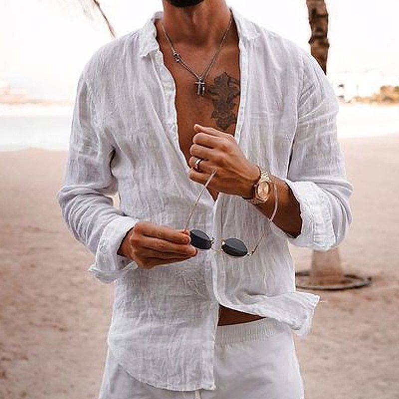 Folded Francesco men's breathable long sleeve cotton shirt, ready for summer travel, lightweight menswear