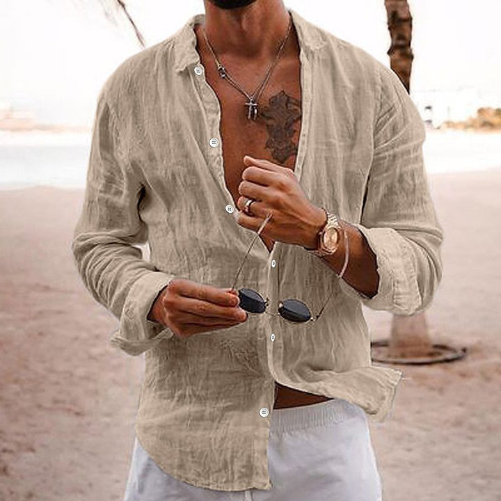Back view of Francesco men's long sleeve cotton shirt, emphasizing the relaxed fit for summer casual wear