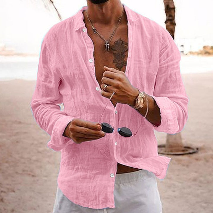 Detail of buttons on Francesco men's breathable cotton long sleeve shirt, highlighting quality summer menswear