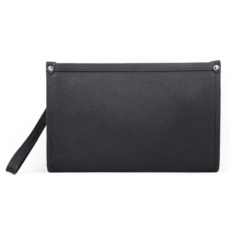 Men's genuine black leather business clutch with advanced fingerprint lock for secure document and essential storage.