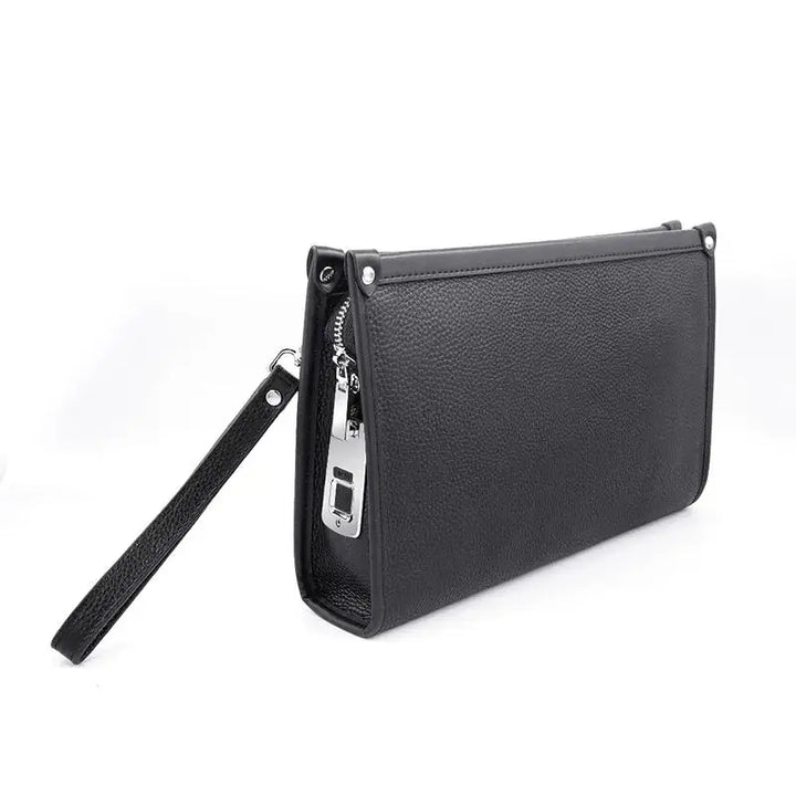 Close-up of the black genuine leather men's business clutch showcasing its sleek design and secure fingerprint lock.