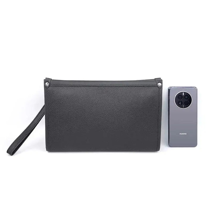 Stylish men's black genuine leather clutch bag with integrated fingerprint lock, perfect for business and secure daily use.