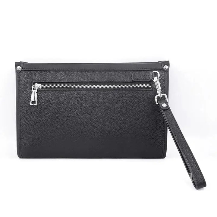 Open men's black genuine leather business clutch revealing spacious interior and premium compartments for organization.