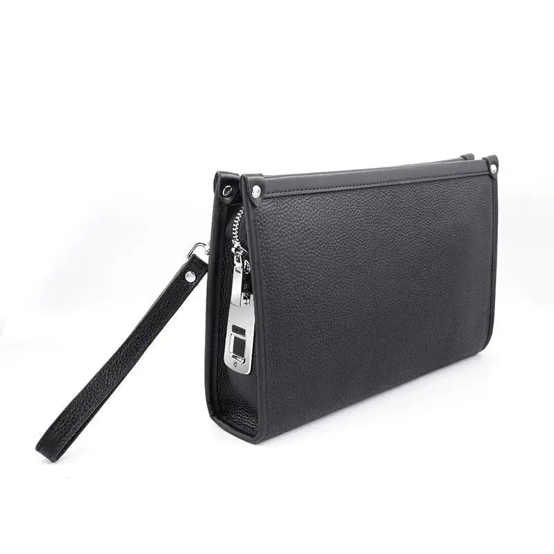 Stylish men's executive leather clutch bag with biometric fingerprint security, closed, side view