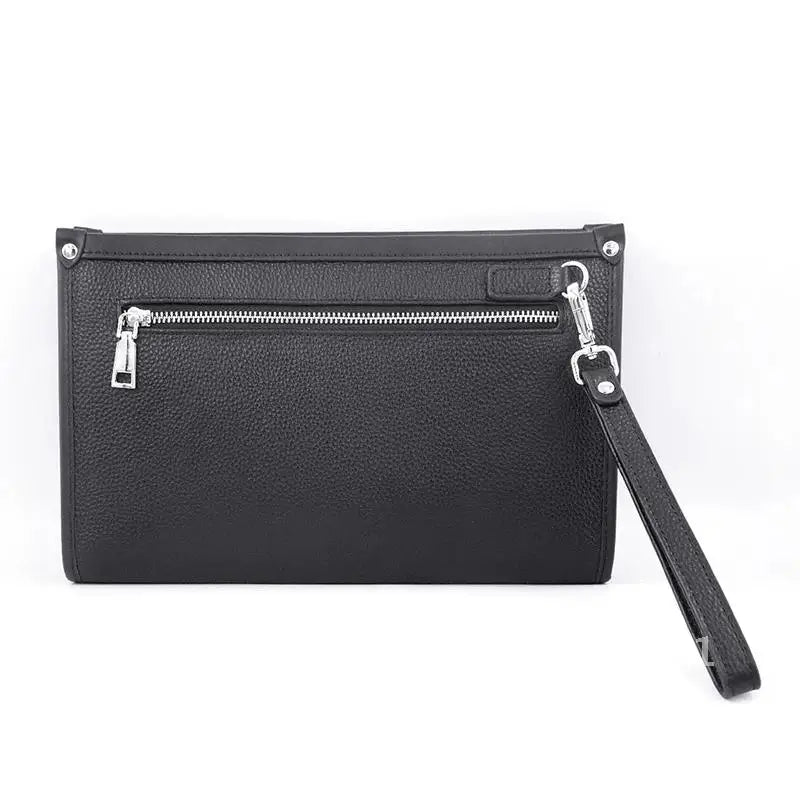 Men's leather business clutch with fingerprint security, open, showing interior compartments