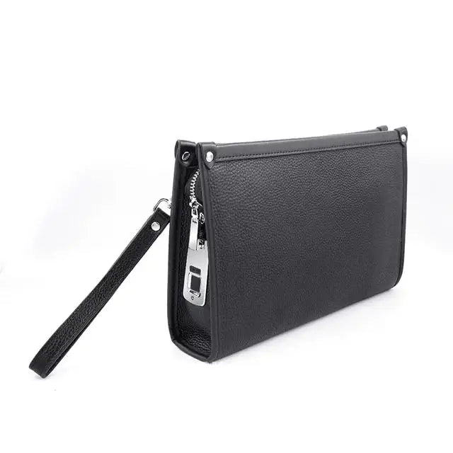 Black leather business clutch for men with advanced fingerprint lock, elegant and secure accessory