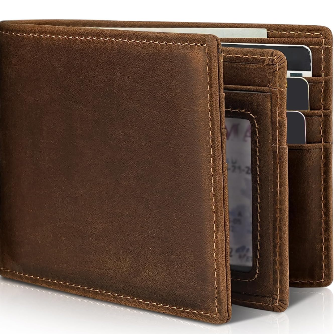 Stylish brown bifold wallet for men, 100% genuine leather with essential RFID card protection