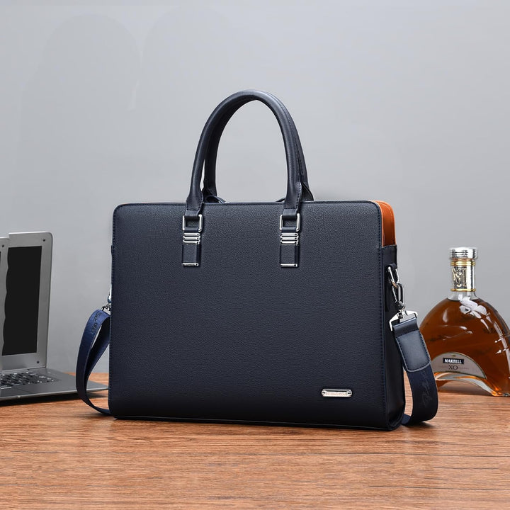 Men's genuine leather business briefcase, professional laptop bag with front pocket