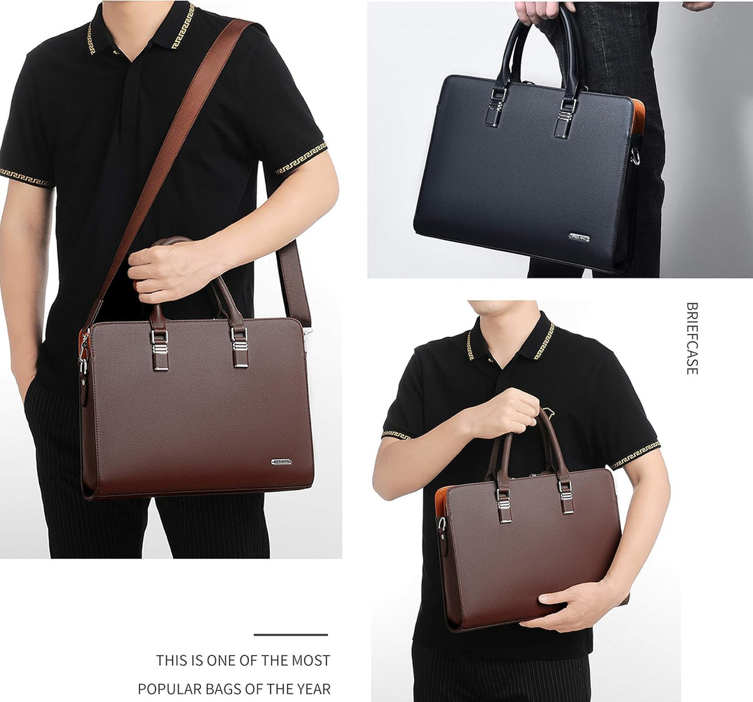 Durable men's leather laptop briefcase, protects devices while on the go