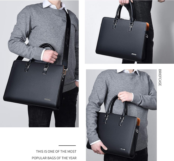 Luxurious brown genuine leather men's briefcase, modern business work bag