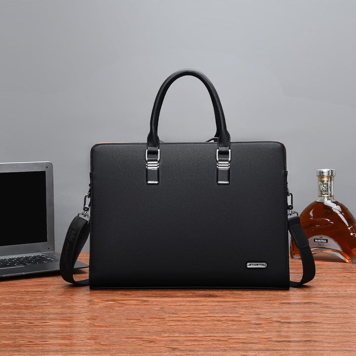 Durable men's genuine leather business briefcase with multiple compartments for professional needs.