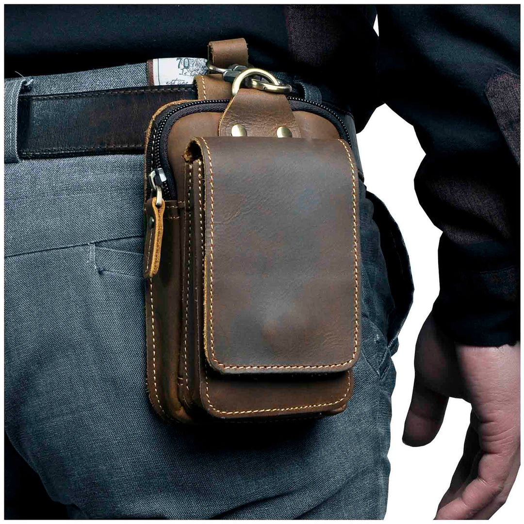 Men's genuine leather waist pack in dark brown, perfect for travel essentials