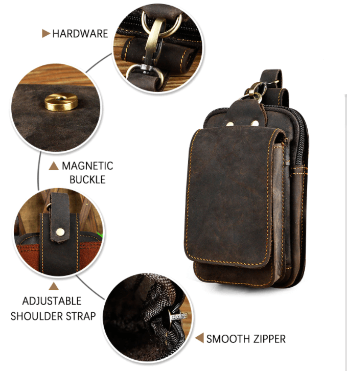 Men's genuine leather waist pack in a classic dark brown, offering secure storage