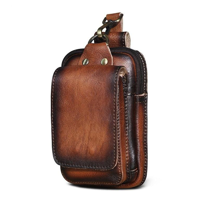 Dark coffee genuine leather fanny pack for men with durable zipper closure