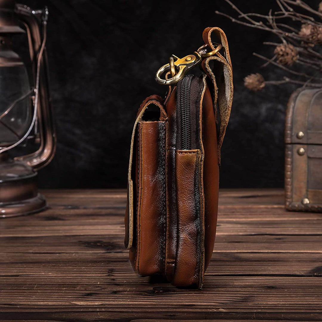 Dark coffee genuine leather men's bag, a timeless waist pack for travel