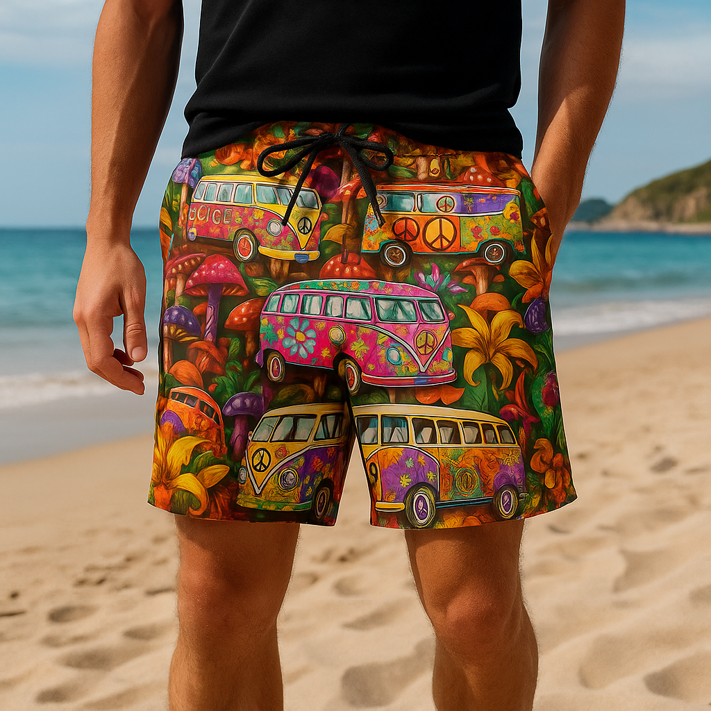 Men's graffiti print swim shorts for bold summer style.