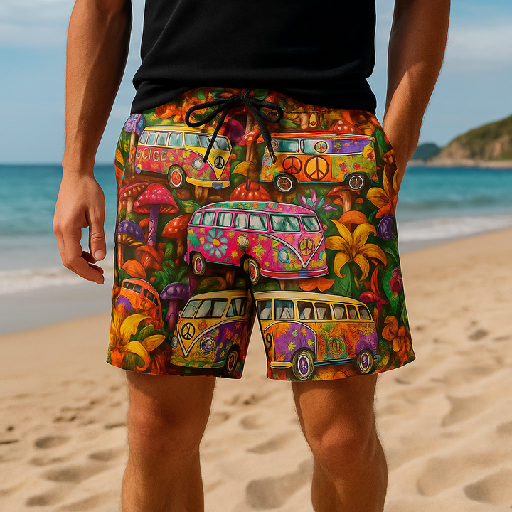 Men's graffiti print swim shorts for bold summer style.