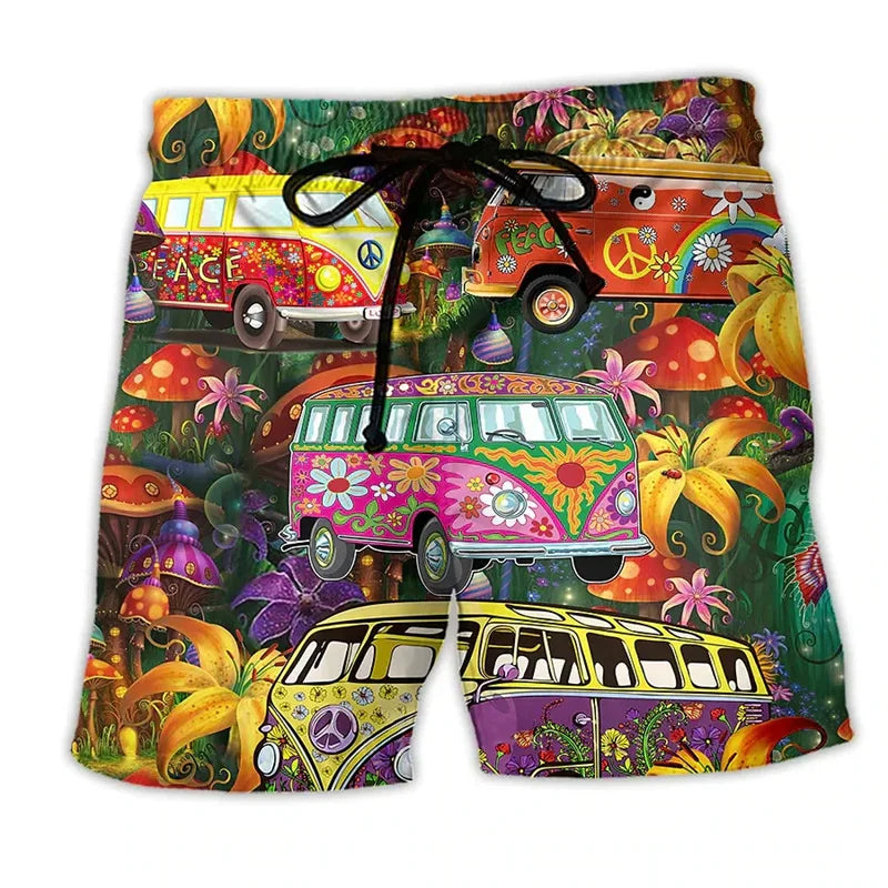 Quick-dry men's swim shorts with vibrant graffiti print, perfect for beachwear.
