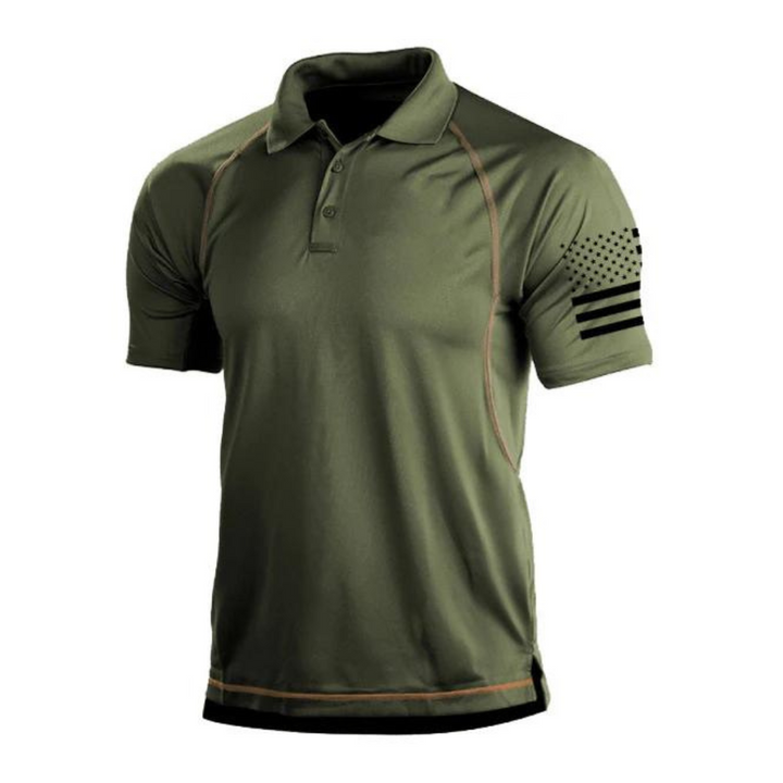 Close-up of men's navy TrailCore quick-dry polo, textured polyester for active wear