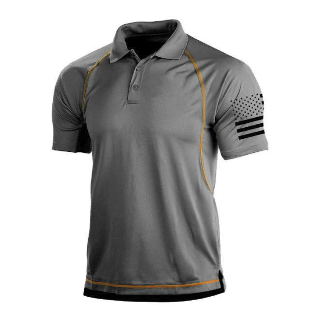 Man wearing a green TrailCore quick-drying polo shirt, suitable for summer casual outdoor activities