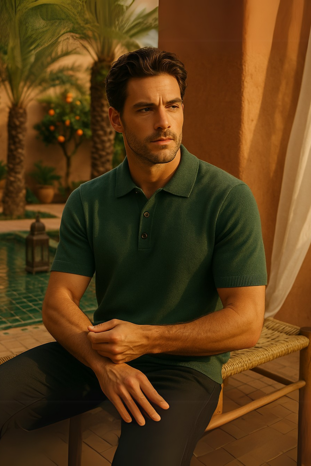 Men's green-grey tailored polo shirt, crafted from luxurious cashmere-merino wool, ideal for smart casual attire.
