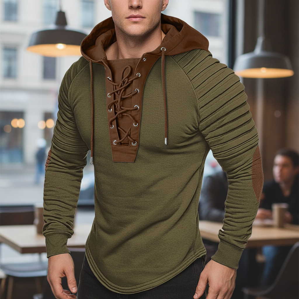 Men's grey lace-up sporty hoodie, front view, for athletic wear and casual autumn fashion.
