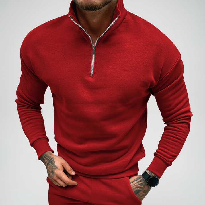 Close-up of the textured knit on a men's comfortable half-zip pullover sweater
