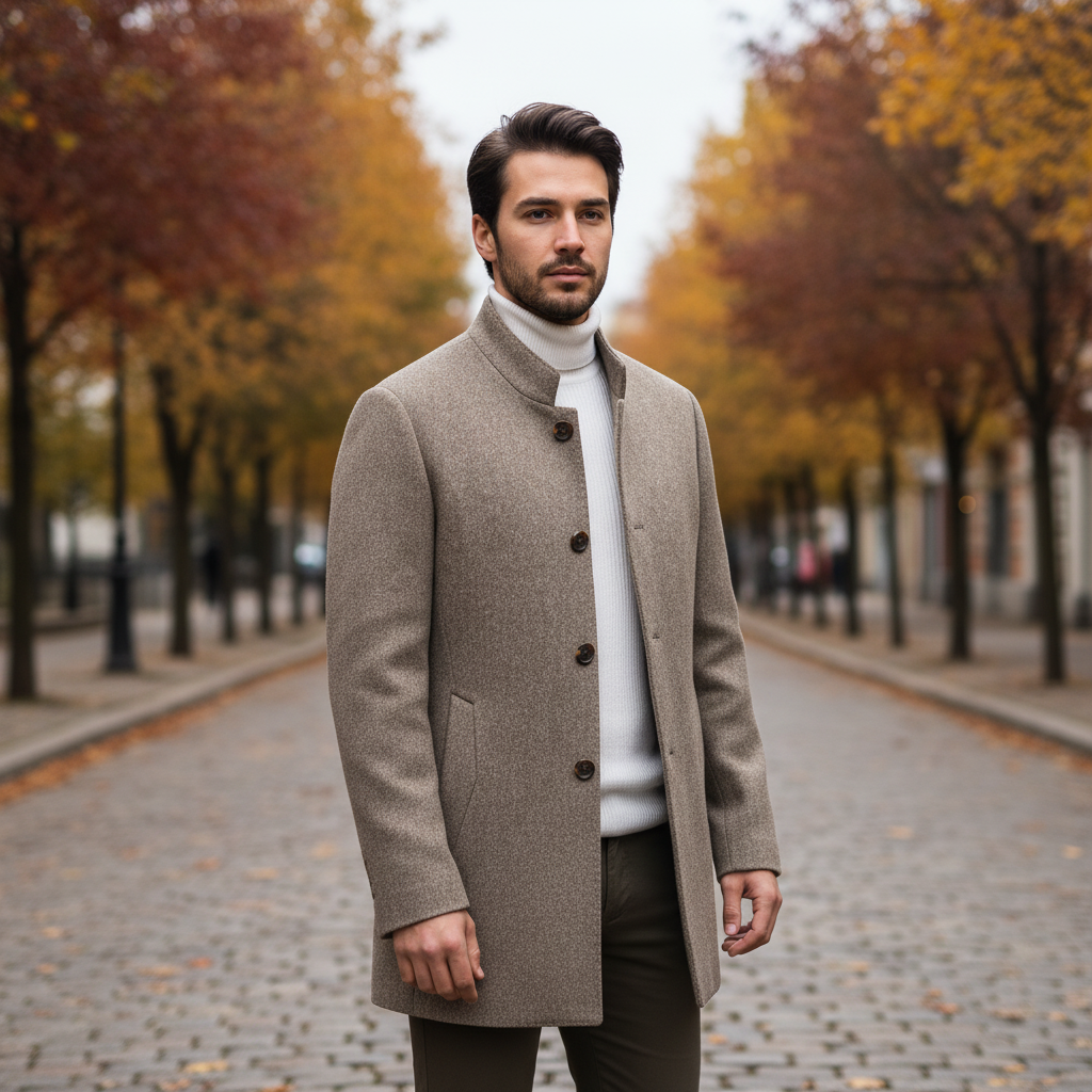 Men's handcrafted wool-cashmere blend autumn coat in classic style, front view