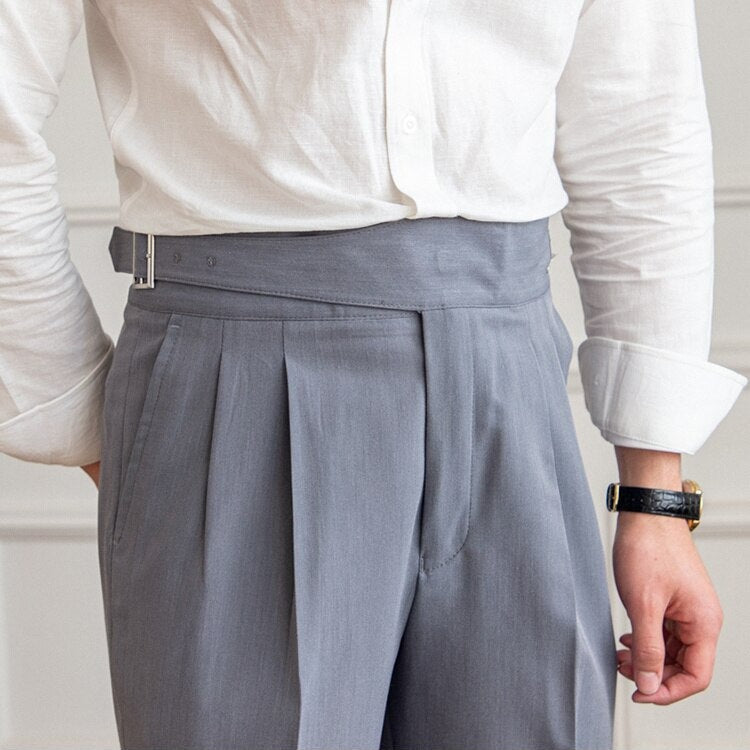 Classic fit men's formal trousers: high waist Gurkha style, versatile for dress or work.