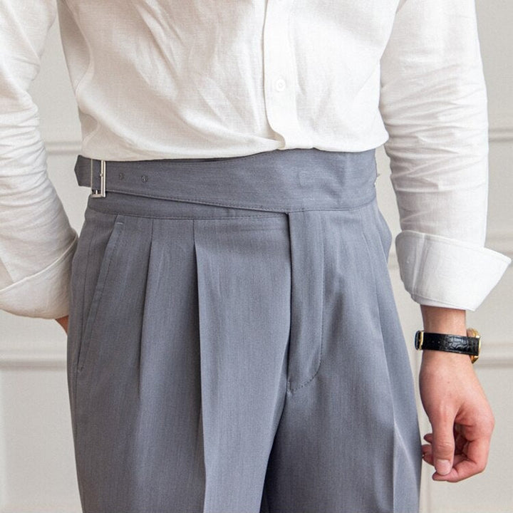 Classic fit men's formal trousers: high waist Gurkha style, versatile for dress or work.
