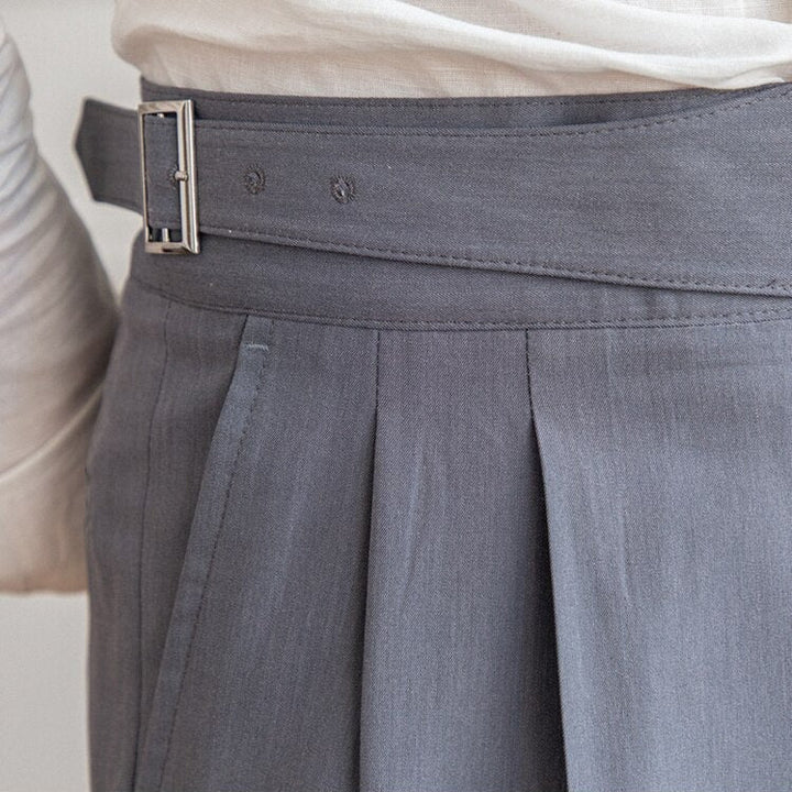 Dark grey men's Gurkha trousers, high waist, side adjusters, a timeless fashion piece.