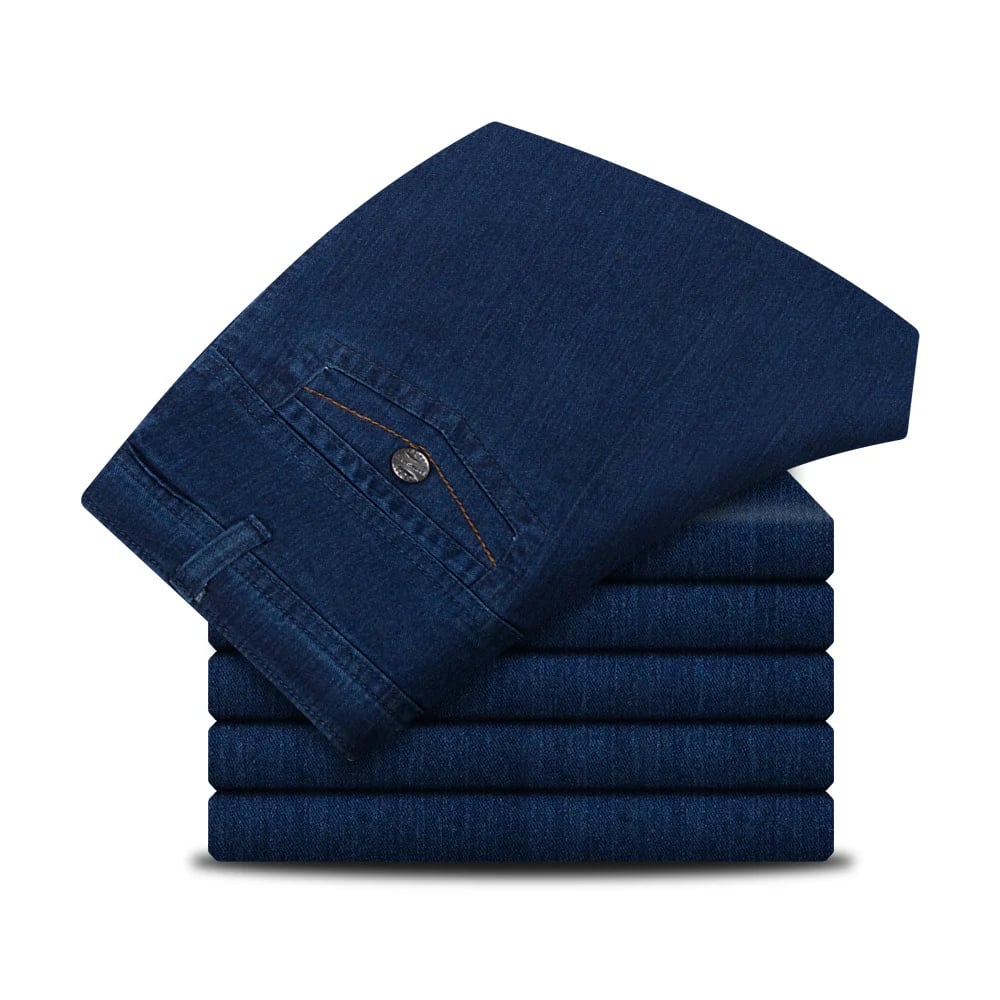 Stylish men's high waist straight leg jeans. Versatile blue denim pants for a comfortable, classic casual look.
