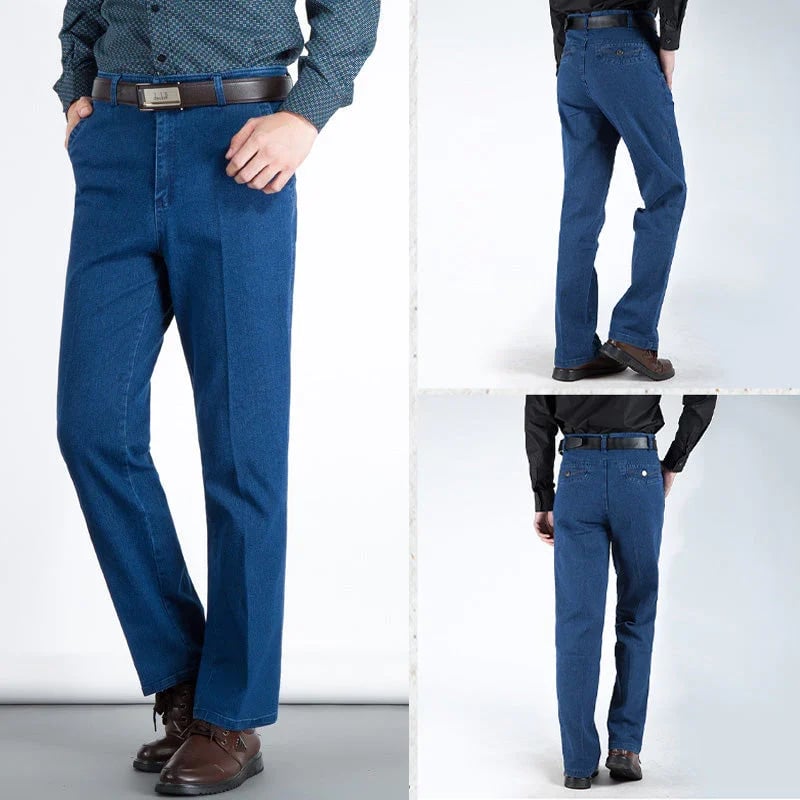 Comfortable men's high waist straight leg jeans. Versatile denim pants for a relaxed fit.