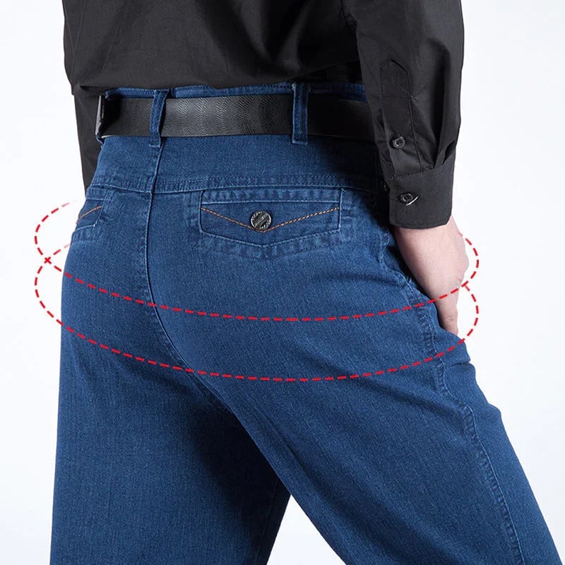 Classic men's straight leg high waist jeans in blue denim. Stylish & versatile casual pants.