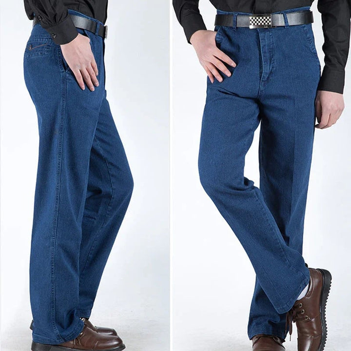 Versatile men's high waist straight leg denim jeans. Perfect casual pants for any occasion.