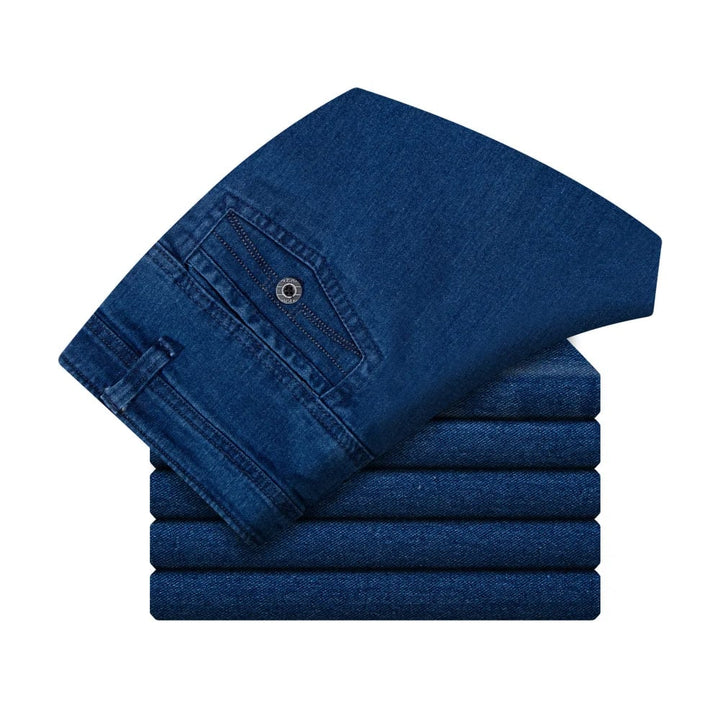 Men's blue denim high waist straight leg jeans. Durable and stylish casual pants.