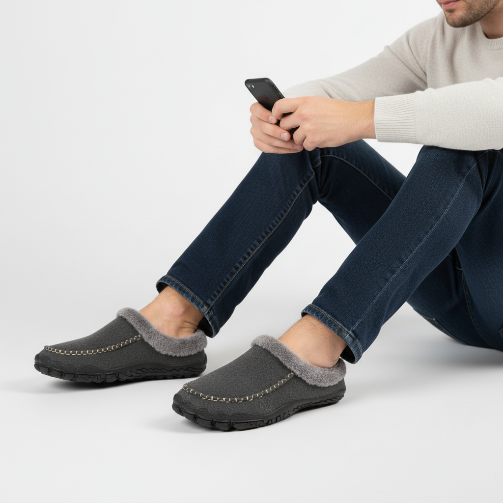 Men's HomeStride durable slippers on a wooden floor, showcasing indoor comfort.