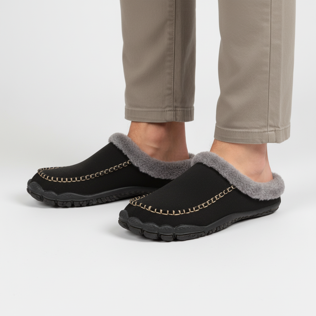 Grey men's lined house shoes, HomeStride brand, for ultimate cozy indoor footwear.