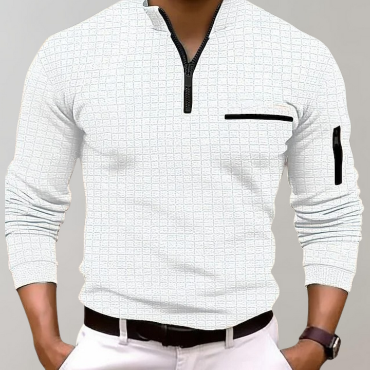 Stylish Men's Jasper Classic Fit long sleeve polo shirt, a timeless cotton top for elegant casual men's fashion.