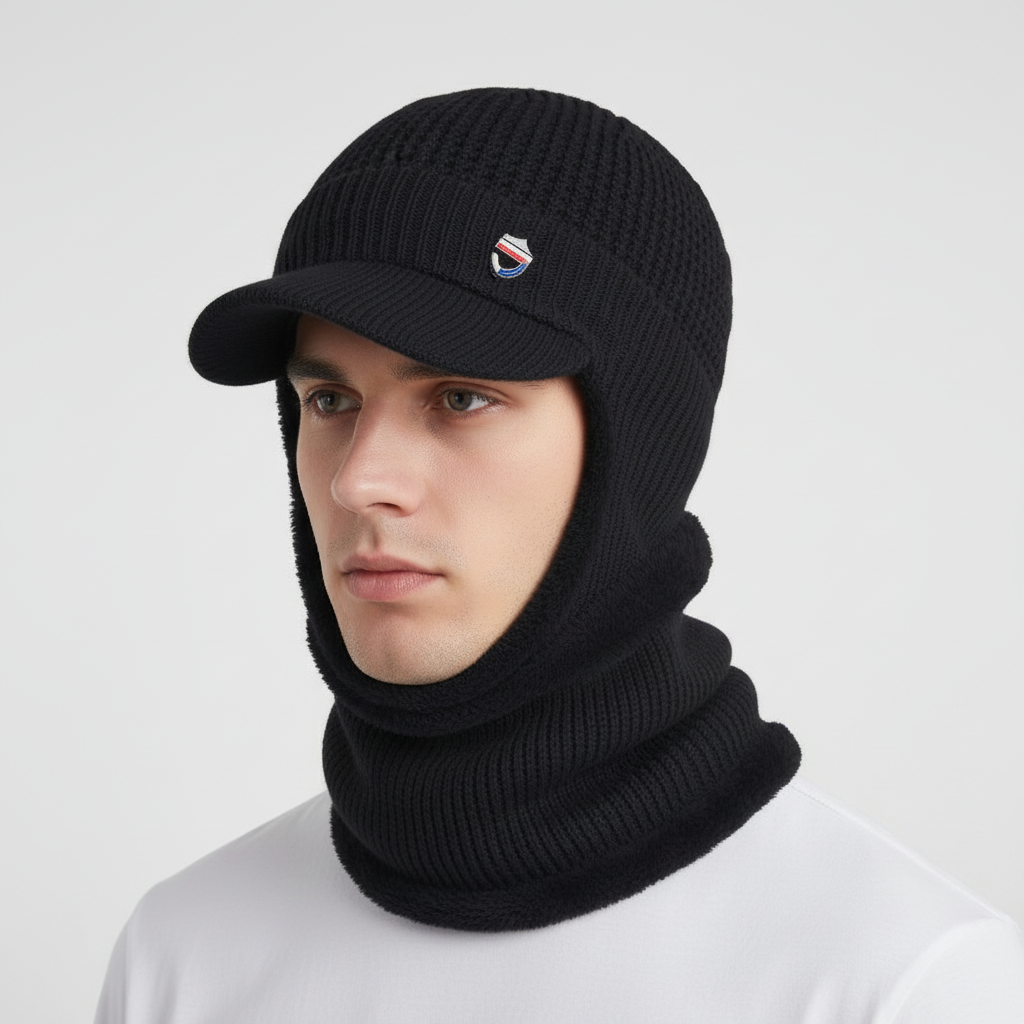 Comfortable men's knitted winter hat with brim, ideal for cold weather activities