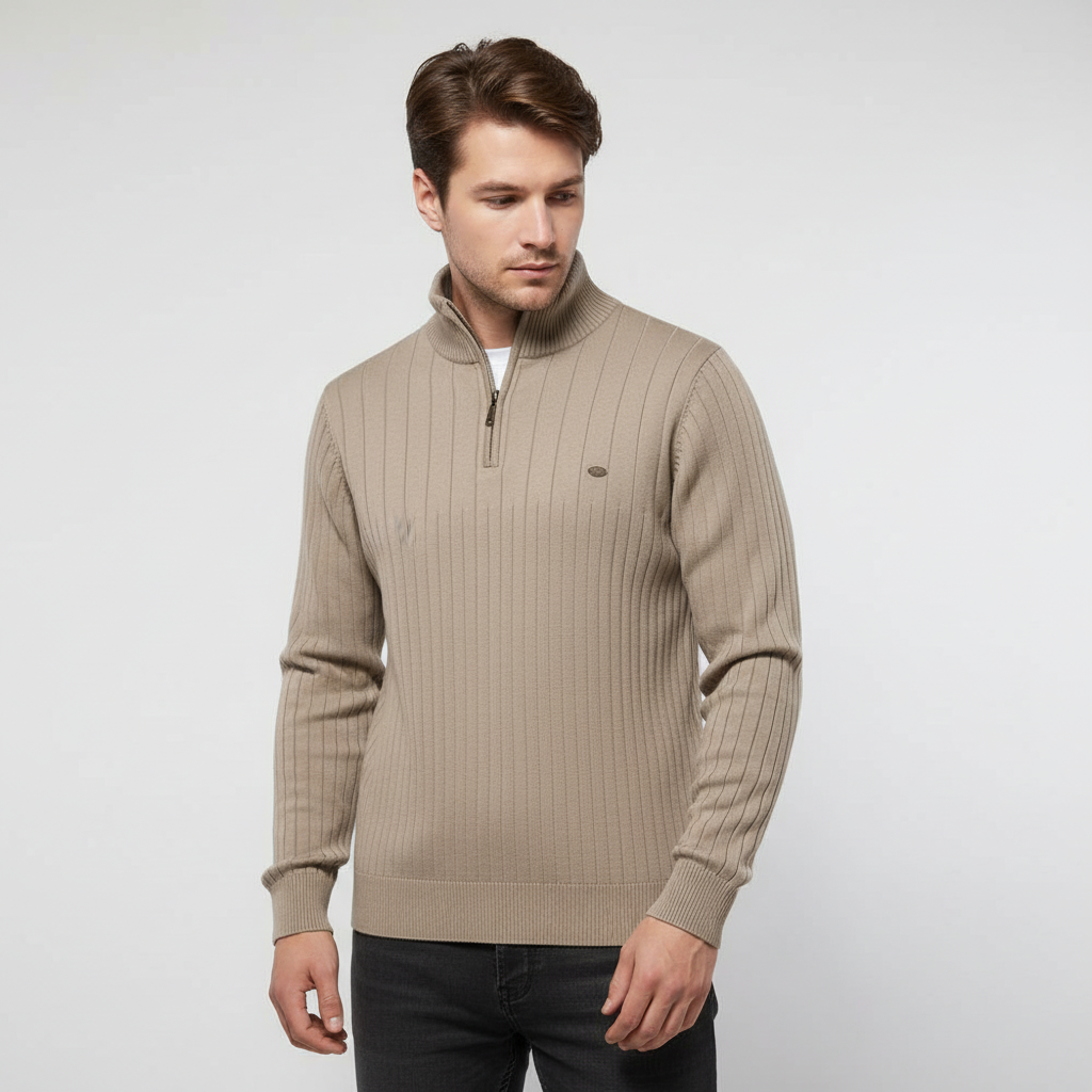 Side view of a men's casual long sleeve knitted pullover with zip collar, perfect for winter