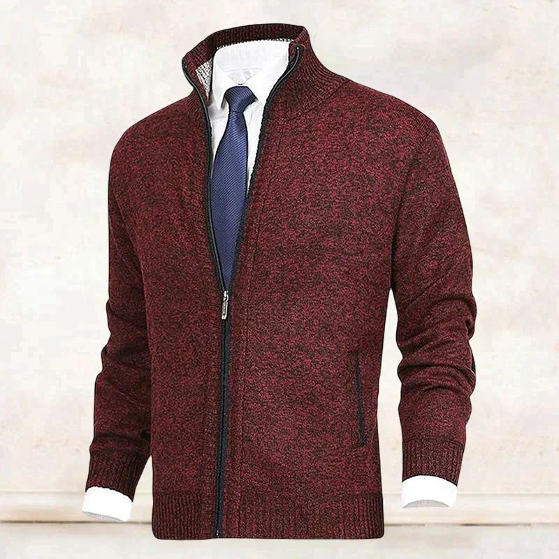Trendy men's knitted zipper jacket, an essential layering piece for contemporary fashion outfits.